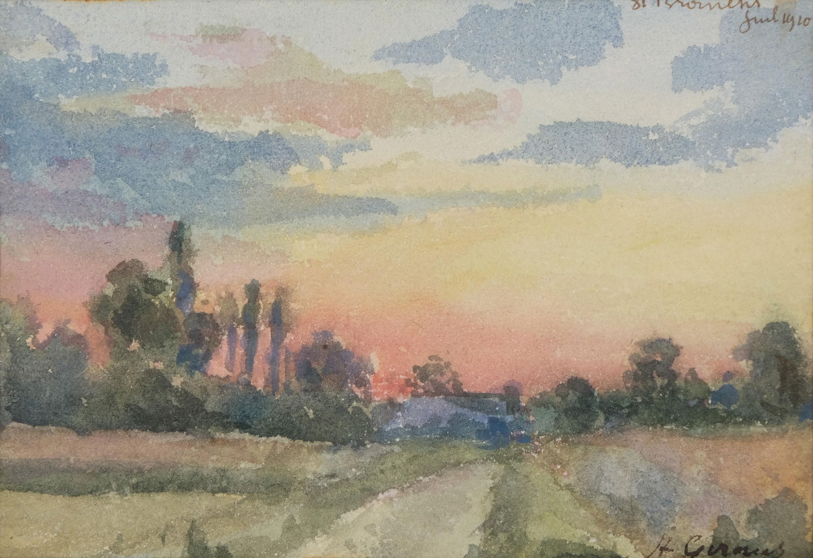 A. Giraud, Signed Watercolor Landscape with Sunset Painting, 1910 (1 of 5)