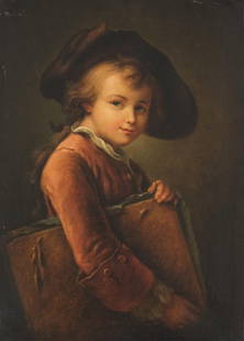 19th Century French School, After François Hubert Drouais – The Young Student Oil on Canvas: Keywords: French school, 18th century style, oil on canvas, portrait painting, boy with hat, rustic clothing, child portrait, antique painting, academic art, court painter, Rococo, Louis XV, Drouais,