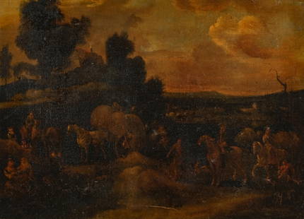 French School, Animated Landscape with Figures and Livestock, 19th Century: Keywords: 19th century, French school, oil on canvas, landscape painting, pastoral scene, figures in landscape, livestock, herders, countryside, traditional painting, antique landscape, rural France19