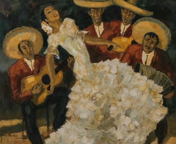 Jean Bordes, “Dancer and Musicians," Signed Oil on Hardboard Painting