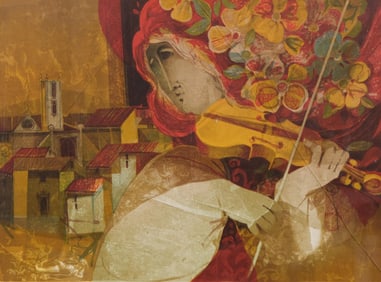 Alvar Sunol Signed Abstract Lithograph, Woman with Violin (66/150)