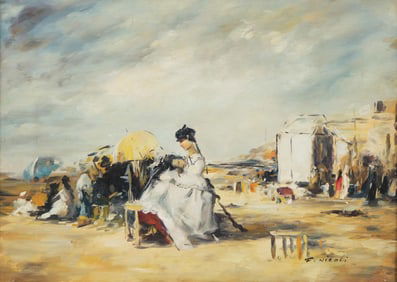 Signed Francois Nicoli, Lively Beach Scene, Oil on Canvas Painting