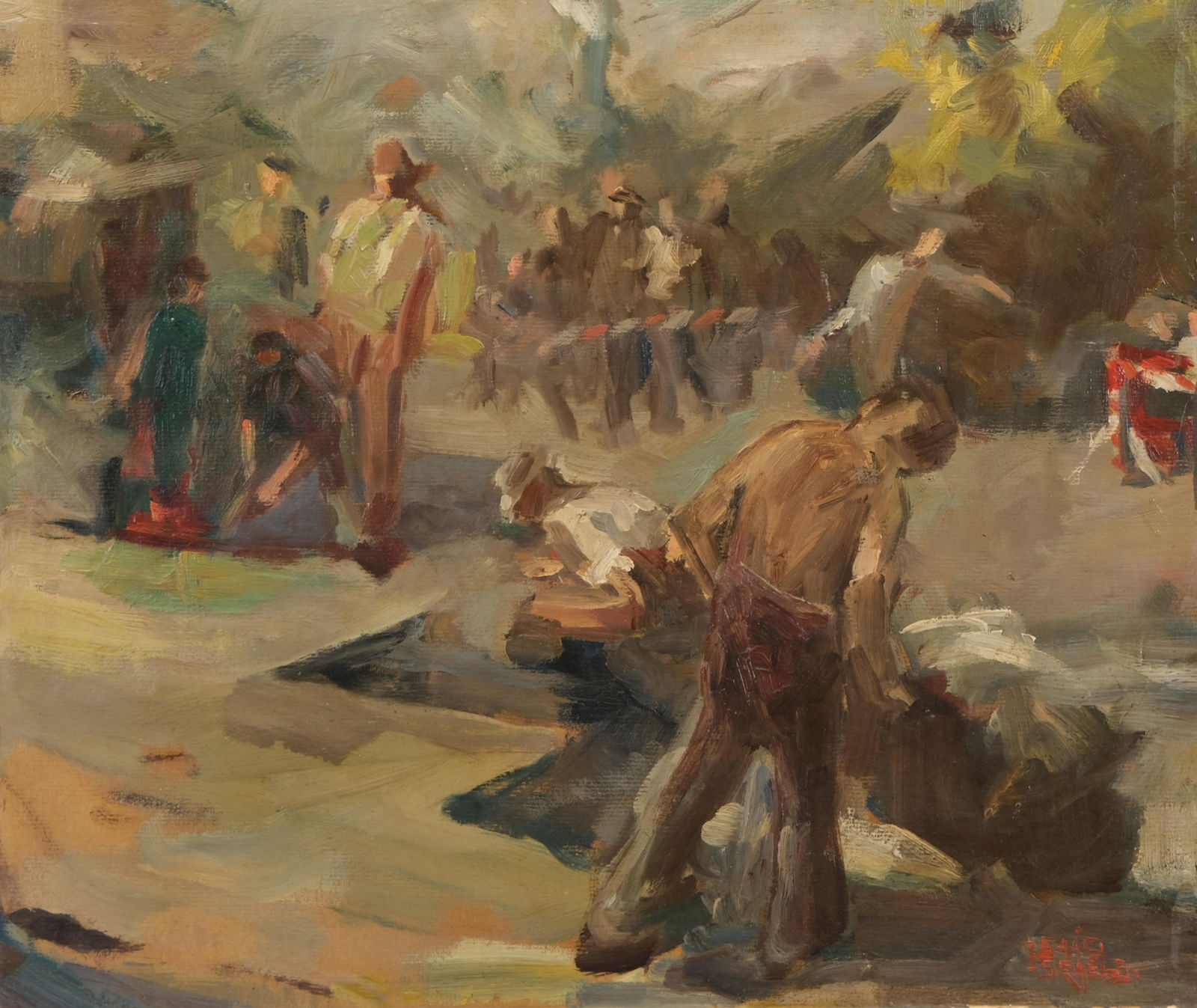 Isaac Israëls, “Workers at Work" Signed Oil on Cardboard Painting: Keywords: Dutch painting, oil on board, 19th century, urban scene, laborers, realist painting, roadwork scene, Amsterdam School, signed paintingIsaac Israels (1865 - 1934) signed Oil painting on board