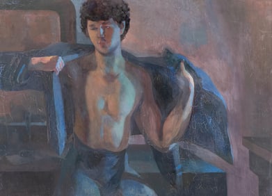 Bernadette Kelly Signed, “Young Man Sitting (Blue Tones)," Oil on Canvas Painting