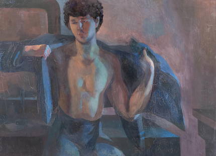 Bernadette Kelly Signed, “Young Man Sitting (Blue Tones)," Oil on Canvas Painting: Keywords: figurative art, 20th-century artist, male portrait, blue palette, contemporary realism, studio provenance, modern portraitureBernadette Kelly (born in 1933) Oil on canvas painting,"Young Man