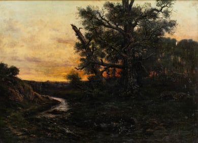 Henri Boisgontier (1850-1940), “River at Sunset," Signed Oil on Canvas Painting