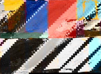 Signed Alfred Leslie Abstract Expressionist Oil Painting and Collage on Canvas, 1960: Keywords: Abstract Expressionism, 1960s American art, Mixed media painting, Oil and collage on canvas, Mid-century modern art, New York School, Color field abstraction, Vintage modernist art, Hard-edg
