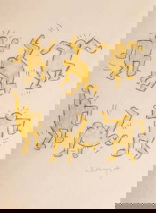 Keith Haring, Dancing Figures, Signed Color Drawing: Keywords: street art, pop art, dancing figures, 1980s art, pencil drawing, colored ink, Haring Collection, signed print, urban art, neo-expressionismKeith Haring (1958–1990). Pencil and color drawin