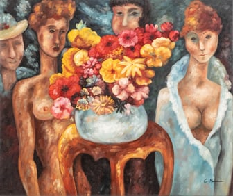Carole Hermann, Women with a Bouquet, Signed Oil on Canvas