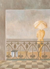 Lucien van Vyve, “Rain on the Balcony," Signed Mixed Media on Paper Painting