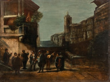 P. Alex, Italian Style Oil on Panel Painting, Musicians in Venice at Dusk, Signed