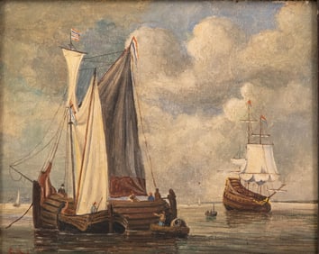 20th Century Maritime Oil on Panel, Fishing Boats Under Cloudy Sky, Signed “CR