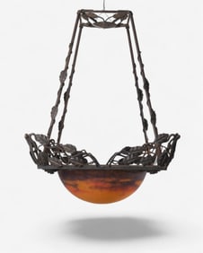 Signed Muller Frères Art Deco Wrought Iron and Glass Pendant Light, c. 1920