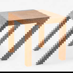 Parsons Industries Original Label Parsons Mid-Century Modern Burl Side Table: Keywords: mid-century modern, Parsons table, burl wood, side table, vintage furniture, minimalist design, 20th century, square end table, modernist furniture, veneer tableMid-century modern square Par