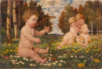 Signed Burckhardt Flury, Cherubs with Harp, Oil on Panel Painting