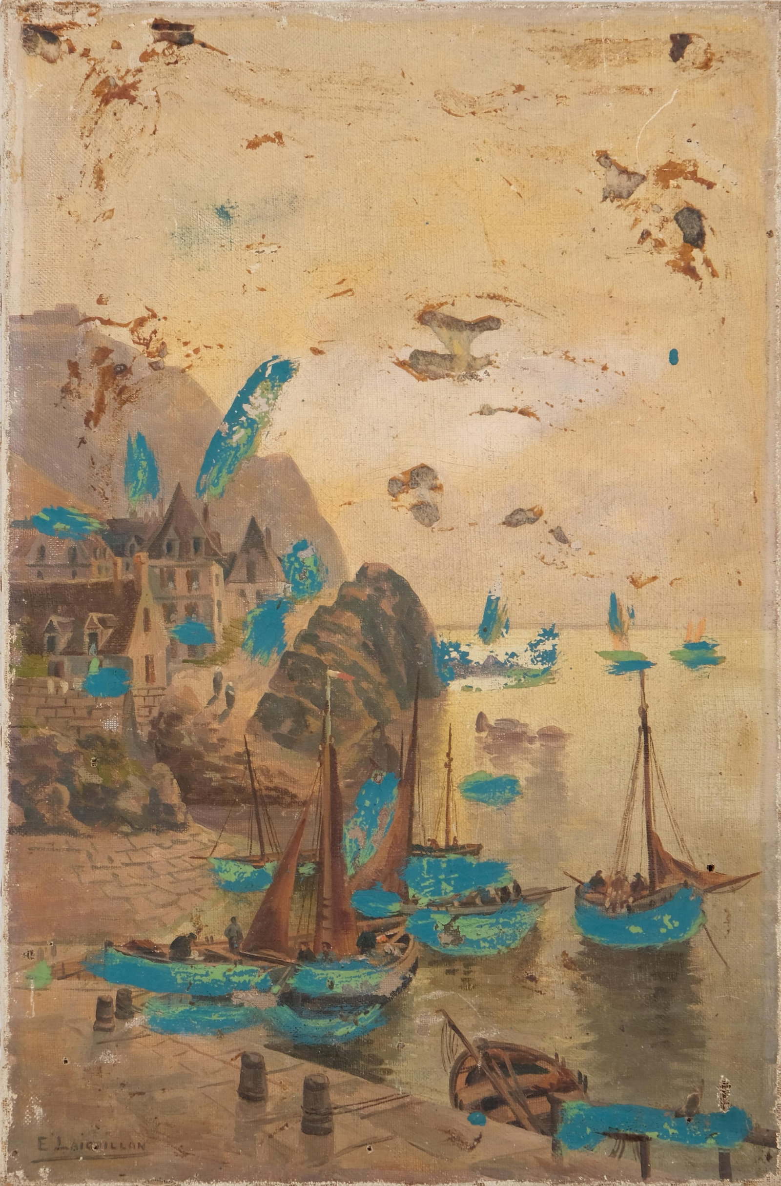 French Coastal Scene, Oil on Canvas Painting, 19th/20th Century: Keywords: coastal painting, harbor scene, French village, sailboats, oil on canvas, 19th century, 20th century, maritime art, port town, seaside architectureOil on canvas painting depicting a charming