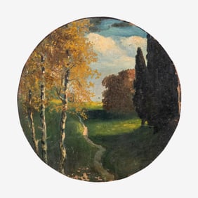 19th Century School Circular Landscape Oil Painting on Panel