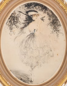 Louis Icart Signed Aquatint, “Birds of a Feather," Oval Etching