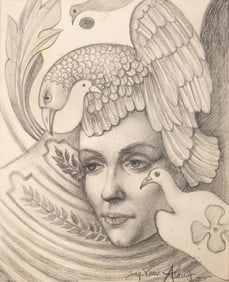 Jean-Pierre Alaux, “Woman, Pigeon and Dove," Signed Pencil Drawing