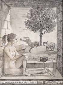 Jean-Pierre Alaux, The Kicking Horse and the Laughing Cow, Signed Pencil and Gouache Drawing on