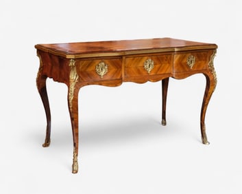 Louis XV-Style Marquetry Flat Desk with Bronze Mounts, Late 19th Century