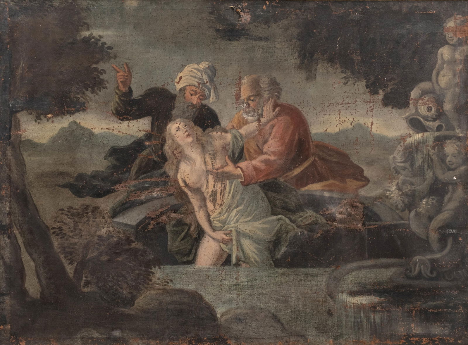 French School, Circa 1760 – Suzanne and the Elders, Oil on Canvas Painting: Keywords: 18th century painting, biblical subject, Old Testament, classical nude, Suzanne and the Elders, oil on canvas, religious art, allegorical painting, Rococo styleFrench School oil on canvas pa