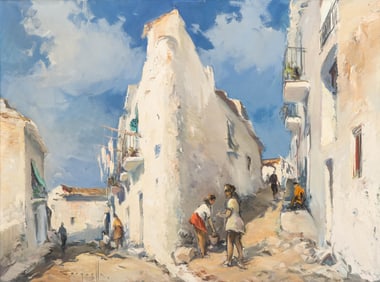 Joseph Sarquella (1928–2000) Signed Oil Painting, Village Alley