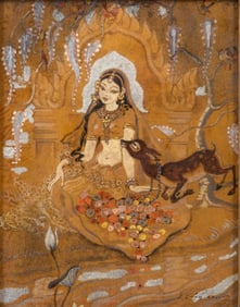 Signed Lagneau Orientalist Ink and Gouache Painting, “Woman with Fawn