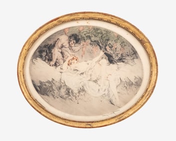 Louis Icart, Fauna and Nymph, Pencil Signed Oval Etching and Aquatint, Circa 1925