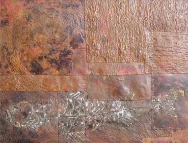 Modern Hammered Copper Wall Panel with Fish Motif, Signed