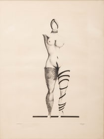 Roldan Signed Surrealist Lithograph and Ink Drawing, “Portrait of Woman,