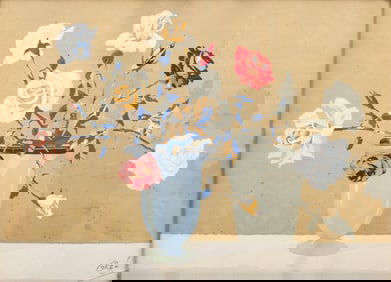 Mystery Artist: Signed Modern School Floral Still Life Gouache on Paper