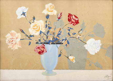 Mystery Artist: Signed Modern School Floral Still Life Gouache on Paper: Keywords: modern school, floral still life, gouache painting, French art, watercolor on paper, vintage floral, signed artwork, mid-century art, abstract realism, interior wall decor, pastel flowers, c