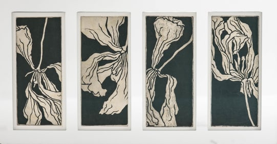 Mid-Century French Floral Engravings on Mirror Background, Framed Set of Four