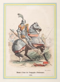 Félix Henri Emmanuel Philippoteaux, Man-at-Arms, 19th C. Hand-Colored Engraving