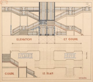 Signed Corbie Architectural Drawing, Likely Bon Marché, France