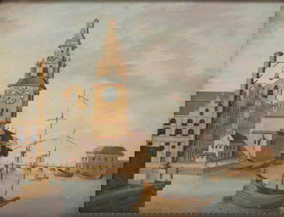 Flemish School, Oil On Board Painting, Late 18th -19th Century: Keywords: Port Scene, Sailing Ships, Clock Tower, Coastal Town, Maritime Art, Architectural Detail, Classic Seascape, European Harbor, Antique Artwork, Nautical Scene, Scenic ViewMystery artist, Flemi