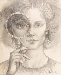 Jean-Pierre Alaux, “Woman with a Magnifying Glass," Pencil on Paper: Keywords: surrealist drawing, French surrealism, graphite on paper, pencil portrait, magnifying glass, optical illusion, woman portrait, signed artwork, 20th century artJean-Pierre Alaux (1925–2020)