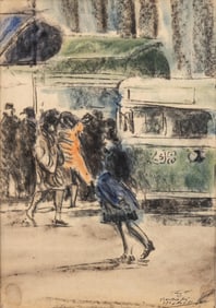 Signed T. Lux Feininger “Crosstown Bus, 79th & Madison Avenue" Mixed Media, Painting 1947