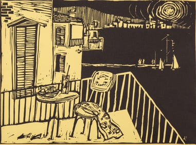 Signed Hans Herbatschek-Hansen Linoleum Original Cut Print “Italian Vacation