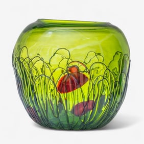 Large Contemporary Hand Blown Green Art Glass Bowl with Poppy Design, 11" Tall