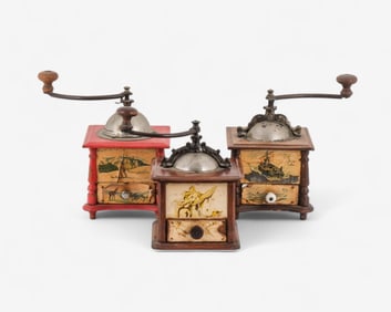 Set of 3 French Folk Art Painted Coffee Grinders, Circa 1900