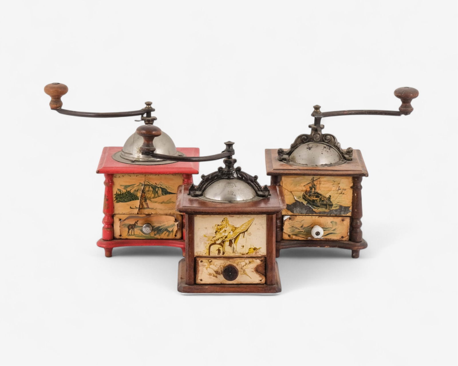 Set of 3 French Folk Art Painted Coffee Grinders, Circa 1900 (1 of 19)