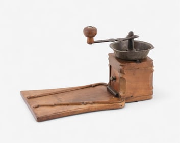 French Art Nouveau Wood and Iron Coffee Grinder with Tray