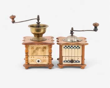French Art Deco Painted Wood and Brass Coffee Grinders, Pair