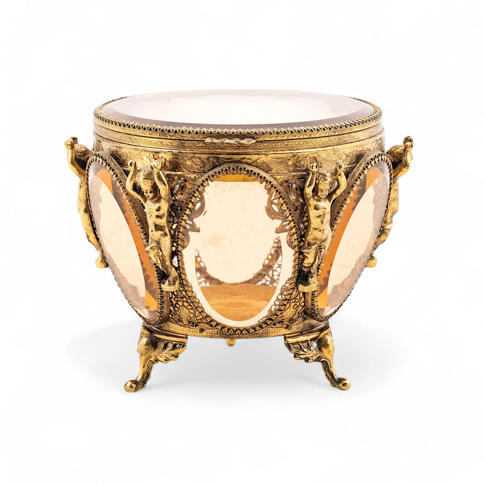 French Ormolu and Beveled Rose Glass Jewelry Casket with Cherub Mounts (1 of 13)