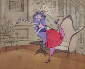 Original Disney Production Hand Painted Gouache on Celluloid Cel of Madame Mim Over 101 Dalmatians