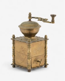 Turn-of-the-Century Brass Coffee Grinder with Engraved Floral Decoration
