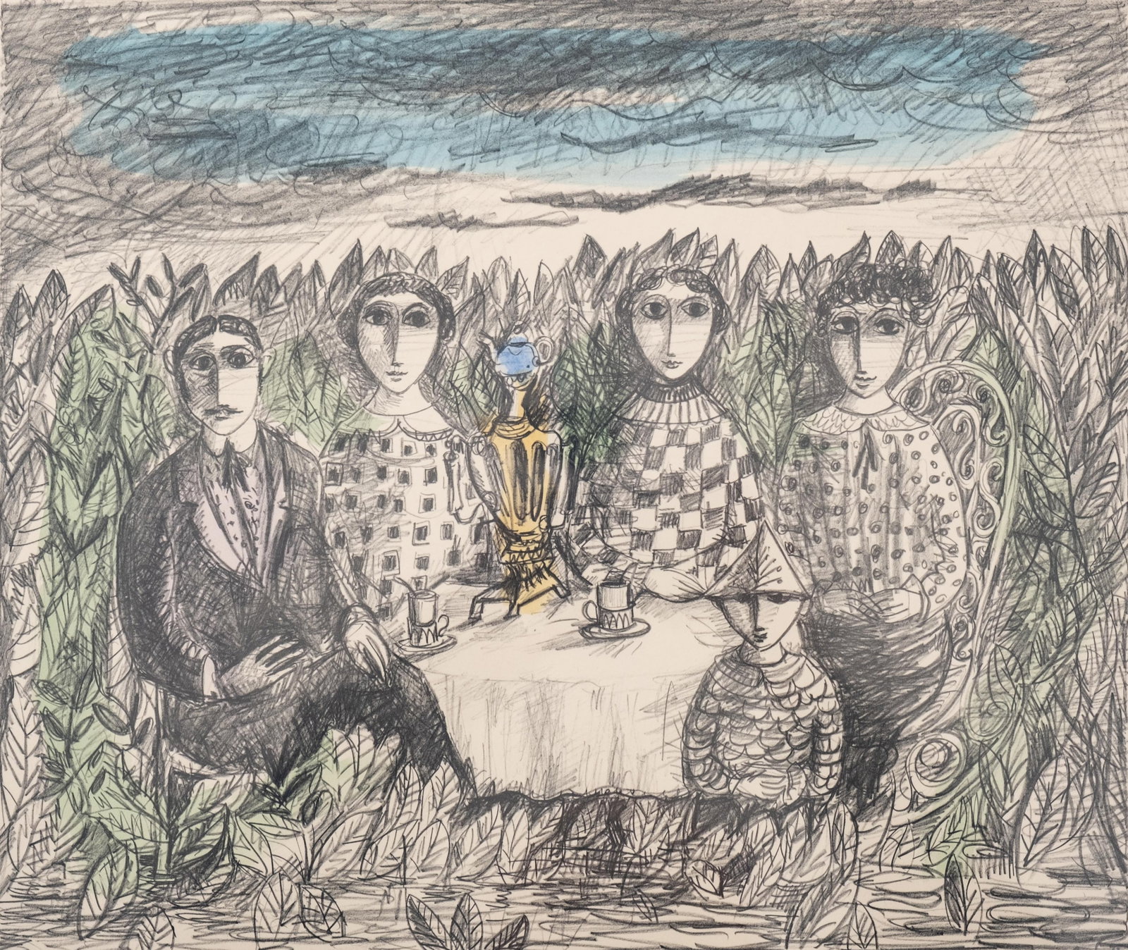 Yosl Bergner, The Tea Drinkers, Artist’s Proof Hand Colored Lithograph, 1966, Signed (1 of 10)