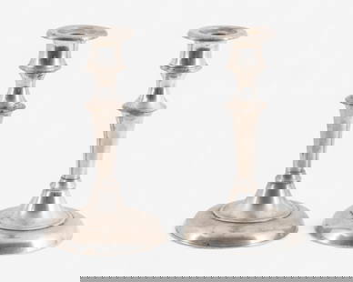 Pair of Vintage Pewter Candlesticks, Early 20th Century: Keywords: pewter, candlesticks, vintage, early 20th century, taper holders, turned form, decorative arts, traditional, metalwork, table decorPair of vintage pewter candlestick holders featuring classi
